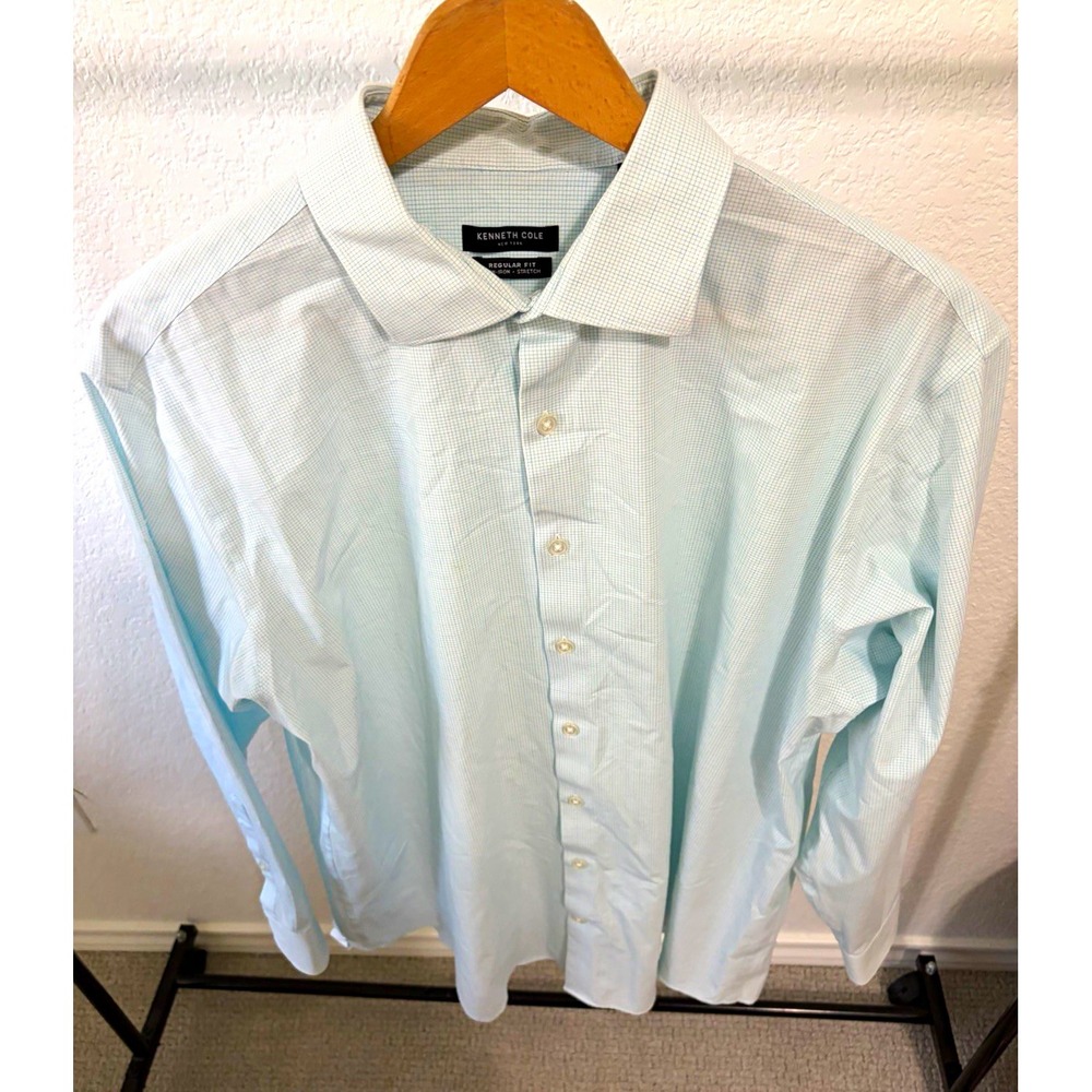 Kenneth Cole NY Non-Iron Stretch Check Dress Shirt Light Blue 17.5 34/35
